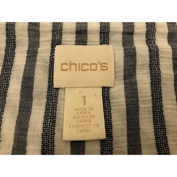 CHICO'S Fluted Sleeve Blouse Top Size 1 Cotton White Blue Striped Notch Neckline - Picture 6 of 7